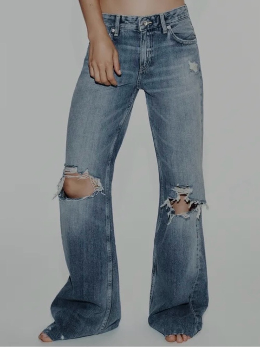 Zara Light Blue Distressed Wide-Leg Jeans